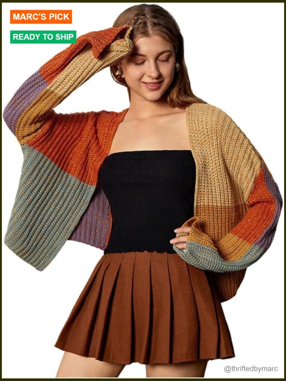 Color Block Open Front Cardigan Long Sleeve Drop Shoulder Knit Sweater